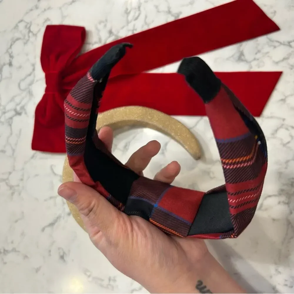 Lot of 3 Hair Accessories 2 Headbands One Bow Red Plaid Gold Tan